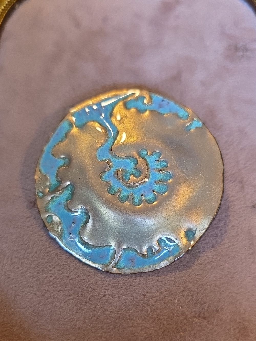 Vintage Mid-Century Modernist Enamel on Copper Spiral Brooch Pin 2"